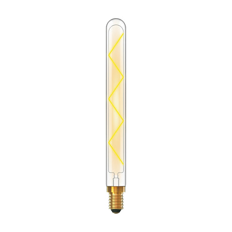E14 tube LED bulb, 280mm clear glass with visible zigzag filament, brass screw cap, dimmable, 4000K, shown on a plain white background.
