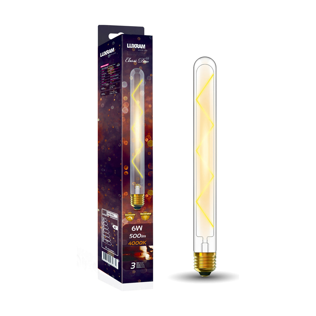 E27 Tube 280mm Zigzag Dimmable LED Bulb 6W 4000K - Clear