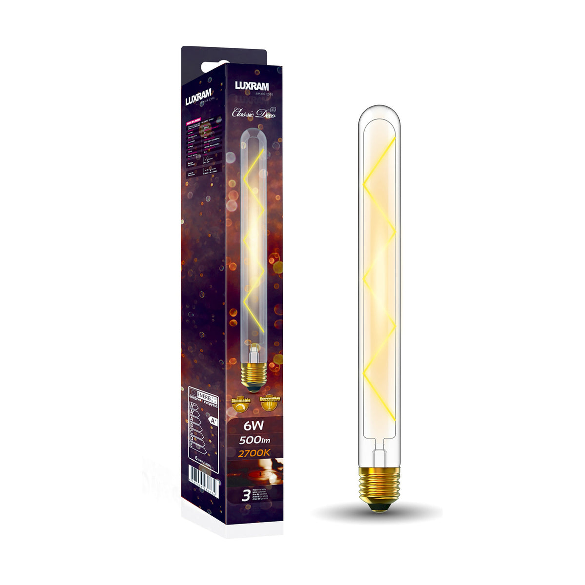 E27 Tube 280mm Zigzag Dimmable LED Bulb 6W 2700K - Clear
