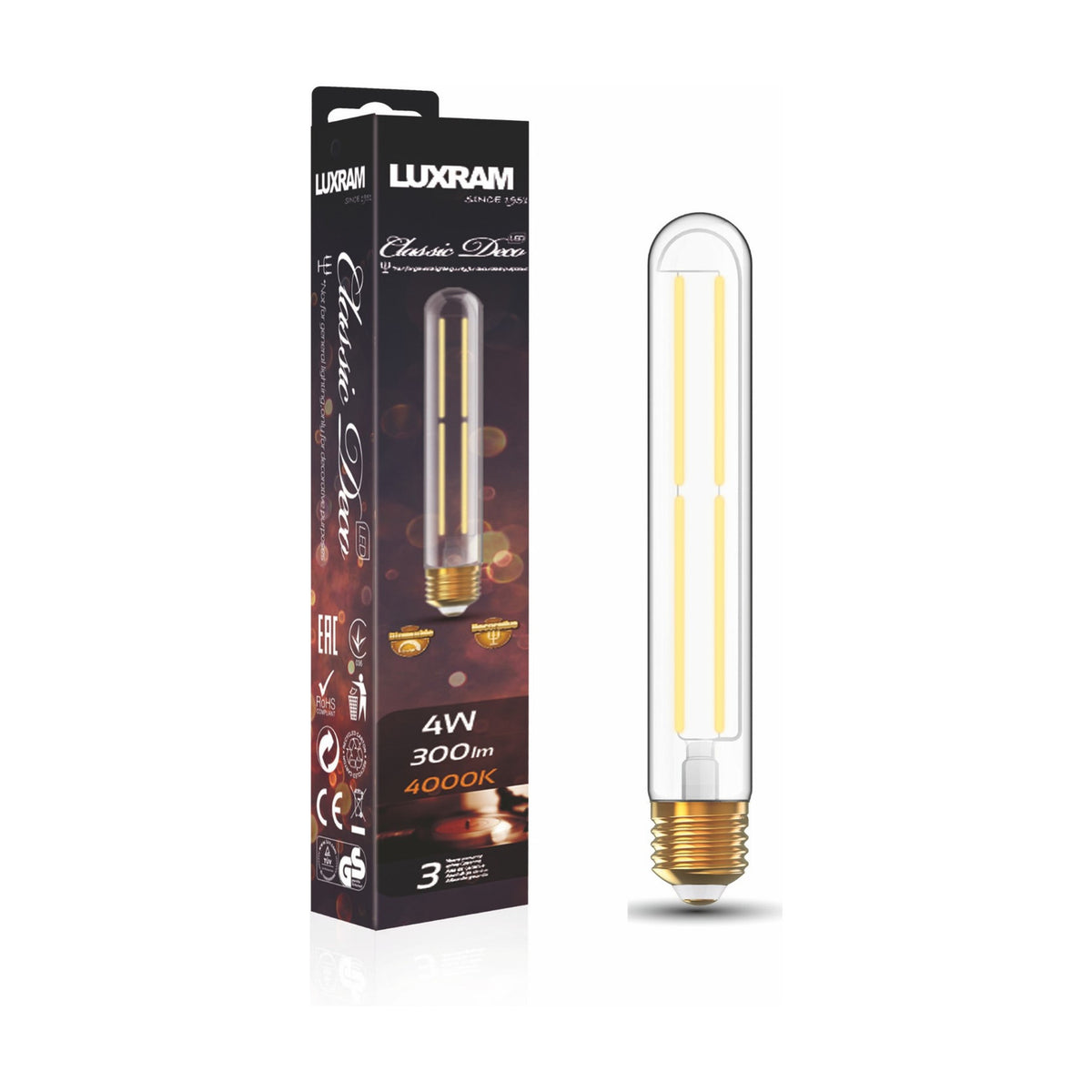 E27 Tube 185mm Straight Dimmable LED Bulb 4W 4000K - Clear