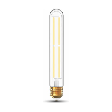 E27 tube LED bulb, 185mm slim clear glass tube with visible filaments, brass cap, dimmable 4W 4000K cool white, shown on a plain white background.