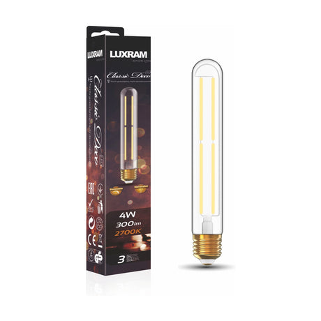 Clear E27 tube-shaped LED bulb, 185mm straight design with visible filament strips, shown beside its Luxram Classic Decor packaging on a white background, 4W dimmable, 2700K warm white, 300lm.
