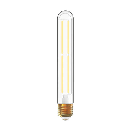 E27 straight tube LED bulb, 185mm clear glass with visible vertical filaments, brass-coloured base, dimmable 4W 2700K warm white, shown on a plain white background.