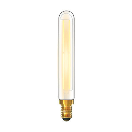 Classic E14 4W dimmable LED bulb with slender clear glass tube, visible filament, 4000K neutral white, brass E14 screw cap, on a plain white background.