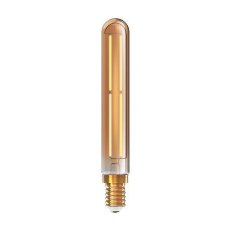Tall tubular E14 LED bulb with gold-tinted glass, visible line filament, and brass screw cap, shown on a plain white background.