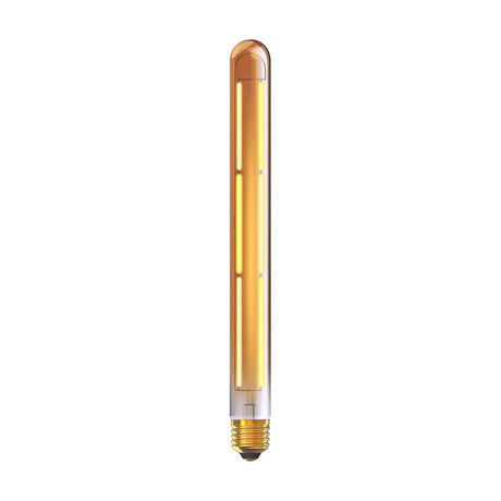 E27 Tube 280mm dimmable LED bulb, tall slim gold-tinted glass tube with visible filament and screw cap, warm 1800K glow on a plain white background.