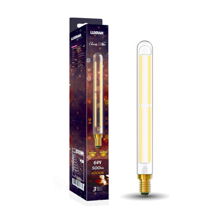 E14 Tube 280mm straight LED bulb with clear glass tube and visible filament strips, shown beside its packaging box on a white background, 6W dimmable, 4000K.