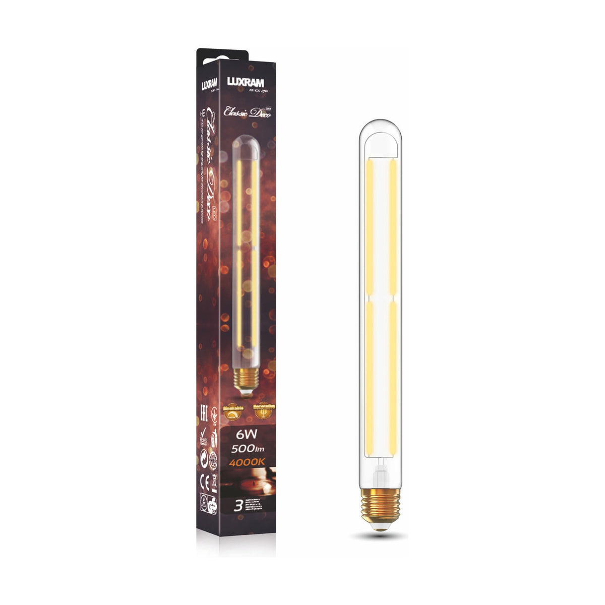 E27 Tube 280mm Straight Dimmable LED Bulb 6W 4000K - Clear
