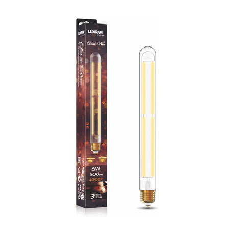 E27 straight tube LED bulb, 280mm clear glass with visible filaments and brass cap, shown beside its packaging on a white background, 6W, 4000K, dimmable.
