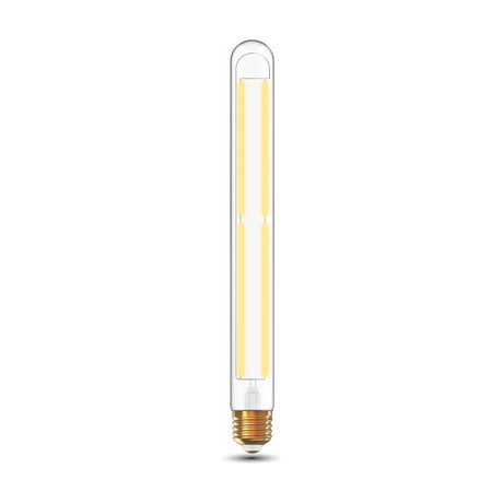 Slim E27 tube LED bulb, 280mm clear glass with visible vertical filaments and brass cap, 6W dimmable 4000K cool white, shown on a plain white background.