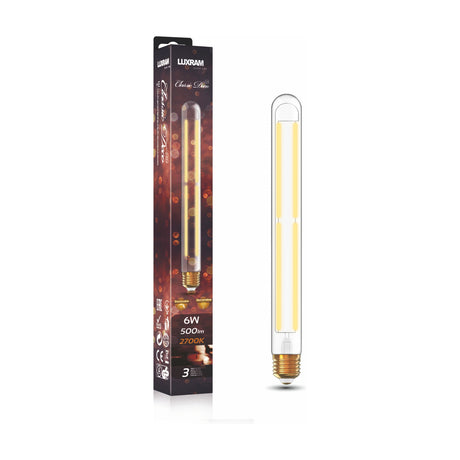 E27 tube LED bulb, 280mm clear glass with visible filament and brass screw cap, shown beside its Classic Deco packaging on a white background, 6W 2700K dimmable.