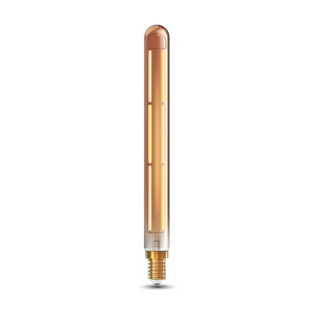 Long tubular E14 dimmable light bulb with gold-tinted glass and visible vertical filament line, brass screw cap, on a plain white background.