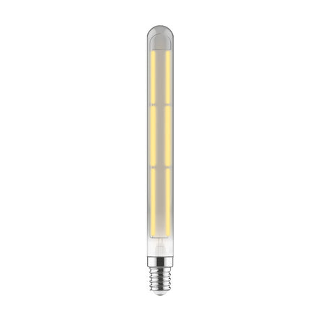 Classic E14 dimmable LED bulb in smoked glass, tall slender tube shape with visible filament and small screw cap, shown on a plain white background.