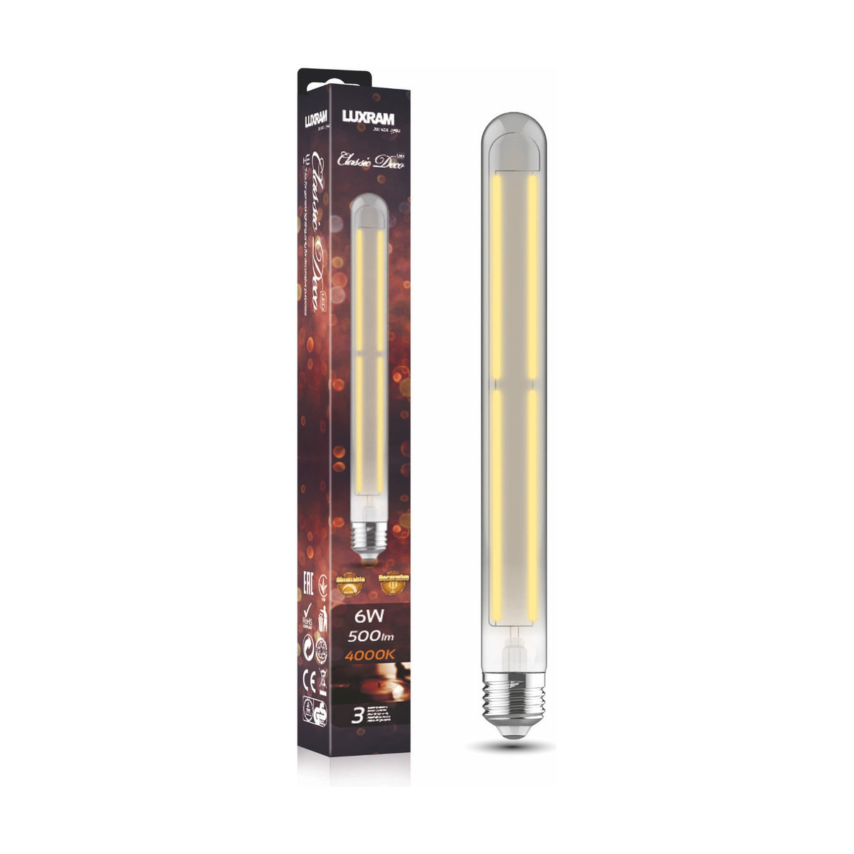 E27 Tube 280mm Straight Dimmable LED Bulb 6W 4000K - Smoked