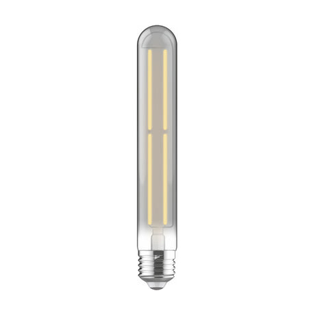 E27 Tube 185mm LED bulb in smoked glass with visible vertical filaments and a chrome screw cap, dimmable, 4W 4000K, shown on a plain white background.