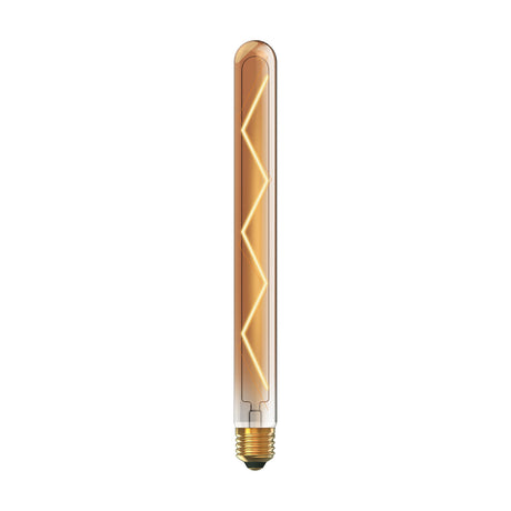 Long tubular E27 LED bulb with gold-tinted glass and visible Z-shaped filament, warm 1800K glow, on a plain white background.