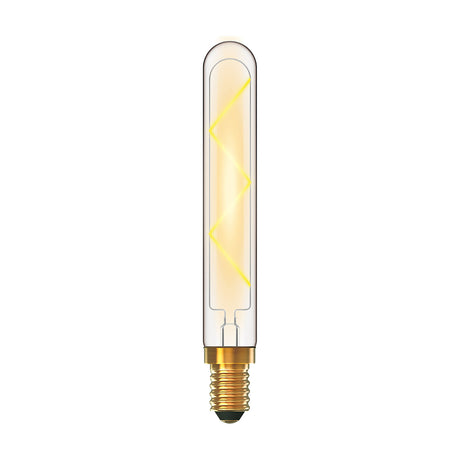 Clear glass tube LED bulb with visible zigzag filament and E14 brass screw cap, shown on a plain white background.