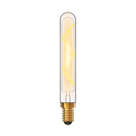 Clear glass tubular E14 LED filament bulb with visible zigzag warm-white filament and brass screw cap, shown on a plain white background.