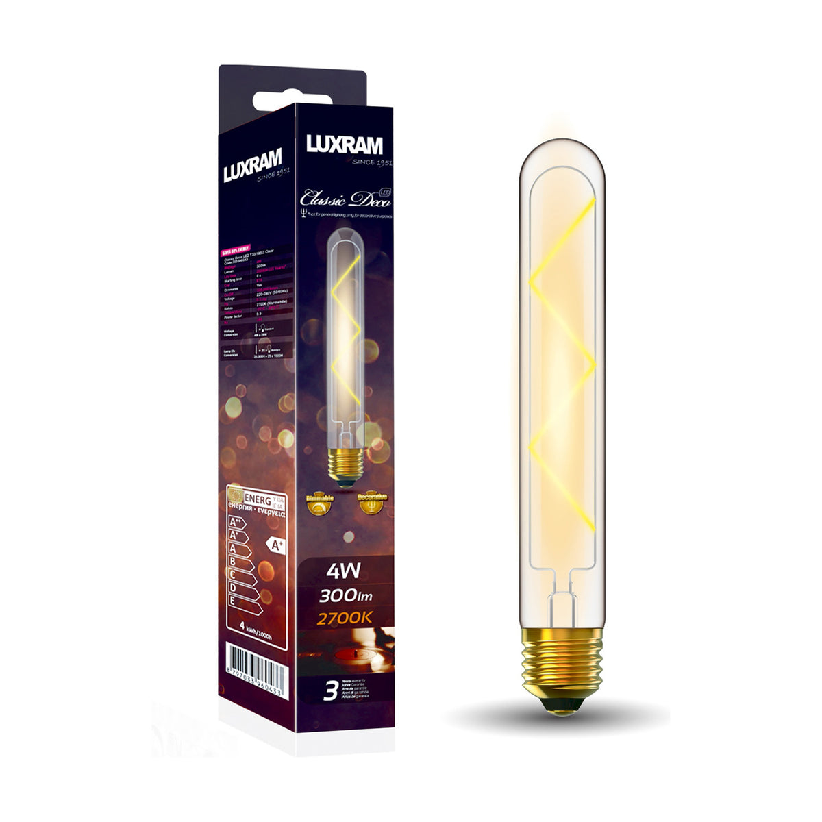 E27 Tube 185mm Zigzag Dimmable LED Bulb 4W 2700K - Clear