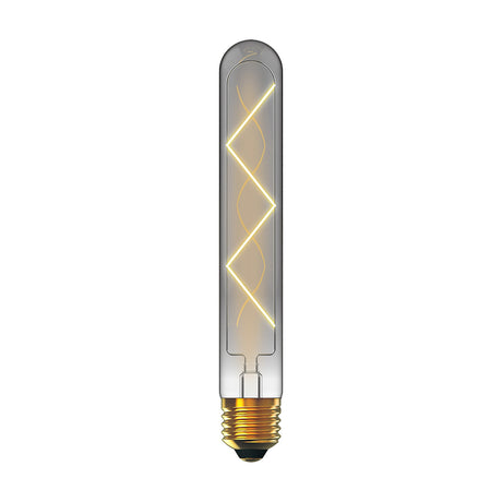 E27 tube LED bulb, 185mm smoked glass with visible zigzag filament, brass cap, dimmable 4W 4000K, shown on a plain white background.
