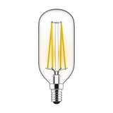Classic E14 4W dimmable LED bulb in clear glass with visible straight filament design, small screw cap base, on a plain white background.