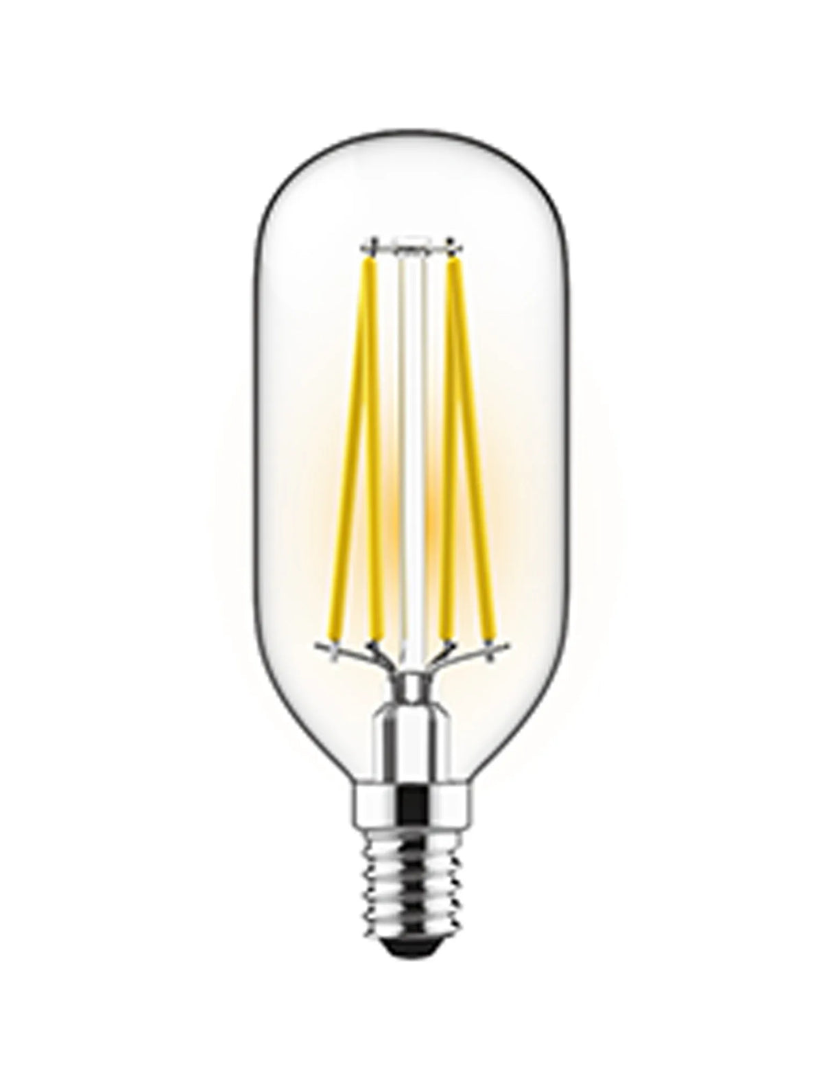 Classic E14 4W dimmable LED filament bulb in clear glass with visible straight filaments and small screw cap, 4000K cool white, on a plain white background.