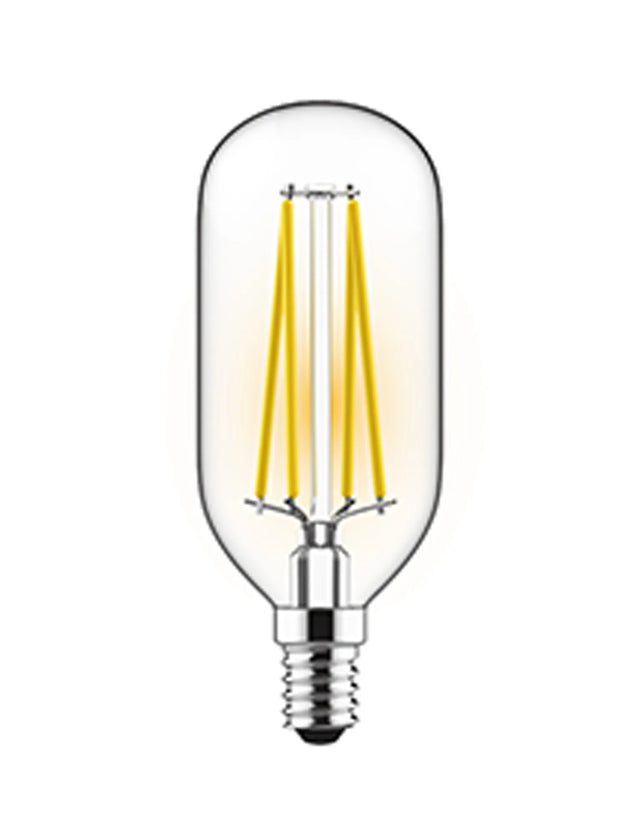 Classic E14 4W dimmable LED filament bulb in clear glass with visible straight filaments and small screw cap, 4000K cool white, on a plain white background.