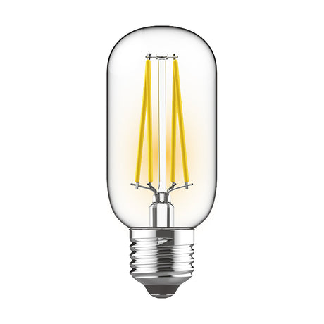 Clear E27 LED filament bulb with tubular glass and visible straight filaments, 4000K dimmable, 4W, shown on a plain white background.