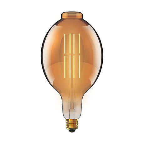 E27 Giant Oval BT180 LED bulb in amber tinted glass, showing visible warm filament lines and brass screw cap on a plain white background.