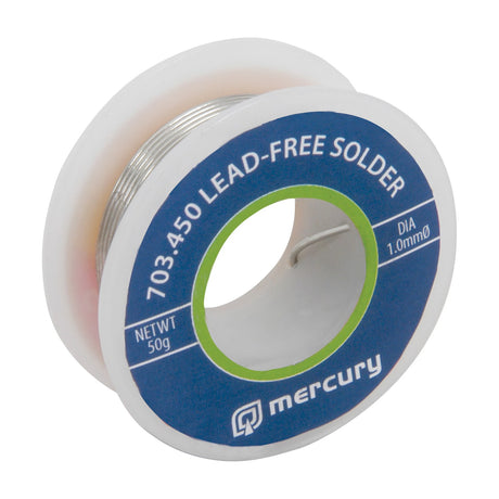 Mercury lead-free solder 1.0mm 50g reel with blue and green label on a white plastic spool, shown against a plain white background.