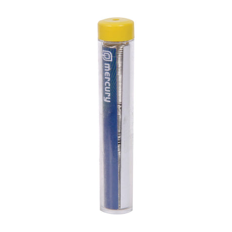 Mercury lead-free solder wire 0.6mm 10g wound in a clear plastic tube with a yellow cap, shown on a plain white background.
