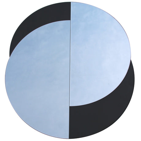Libra Interiors Overlapping Circles wall mirror with two interlocking discs in clear and black glass, forming an eclipse-like contemporary design.