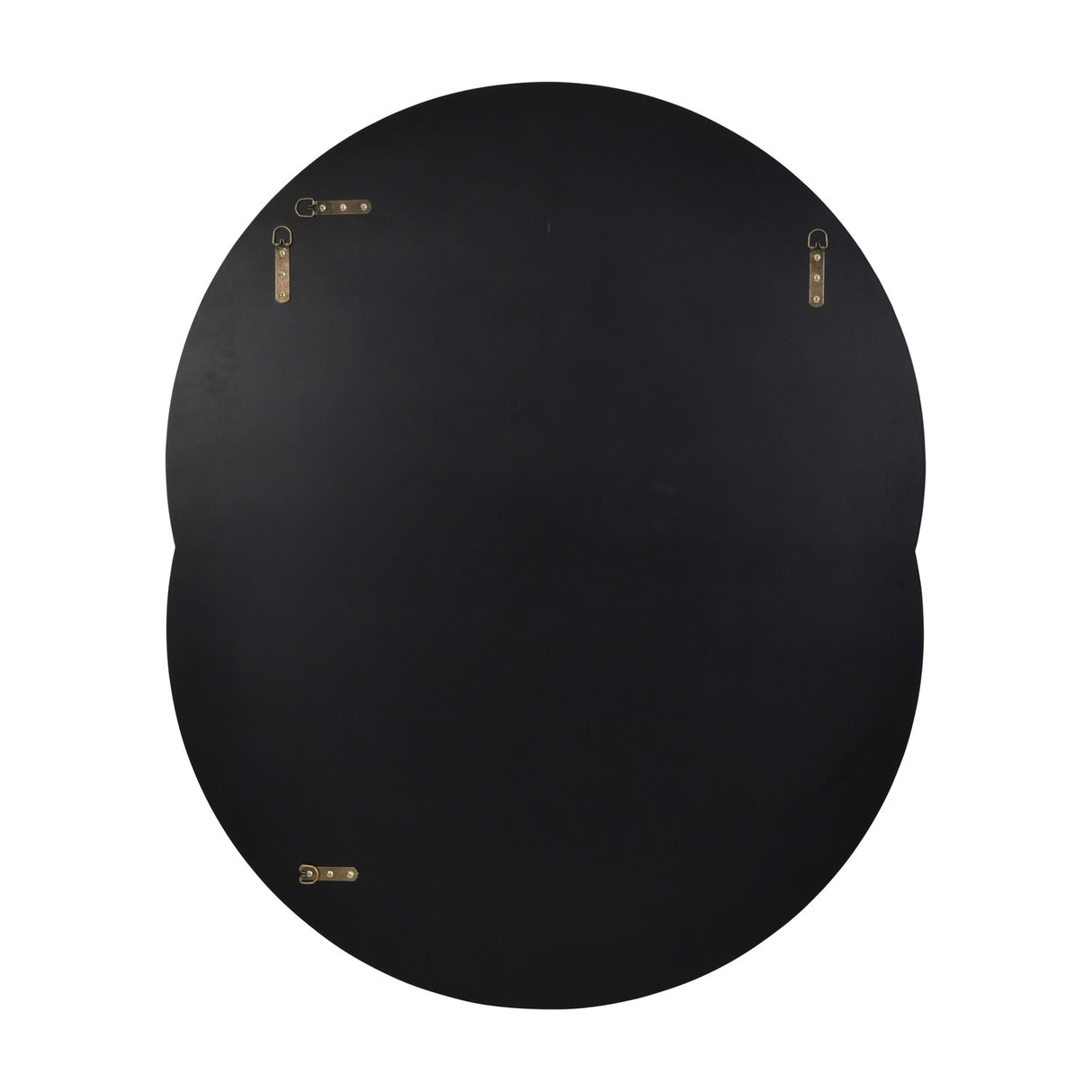 Rear view of the Libra Overlapping Circles Black Glass Wall Mirror showing black backing and brass brackets for portrait or landscape mounting.
