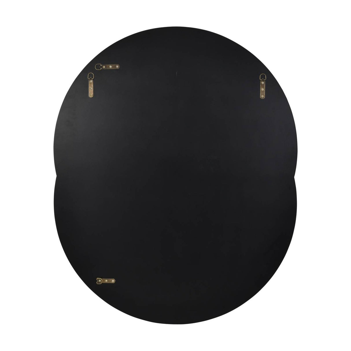 Rear view of Libra Interiors Overlapping Circles black glass mirror showing dark backing and brass brackets for portrait or landscape mounting.