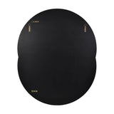 Rear view of Libra Interiors Overlapping Circles black glass mirror showing dark backing and brass brackets for portrait or landscape mounting.
