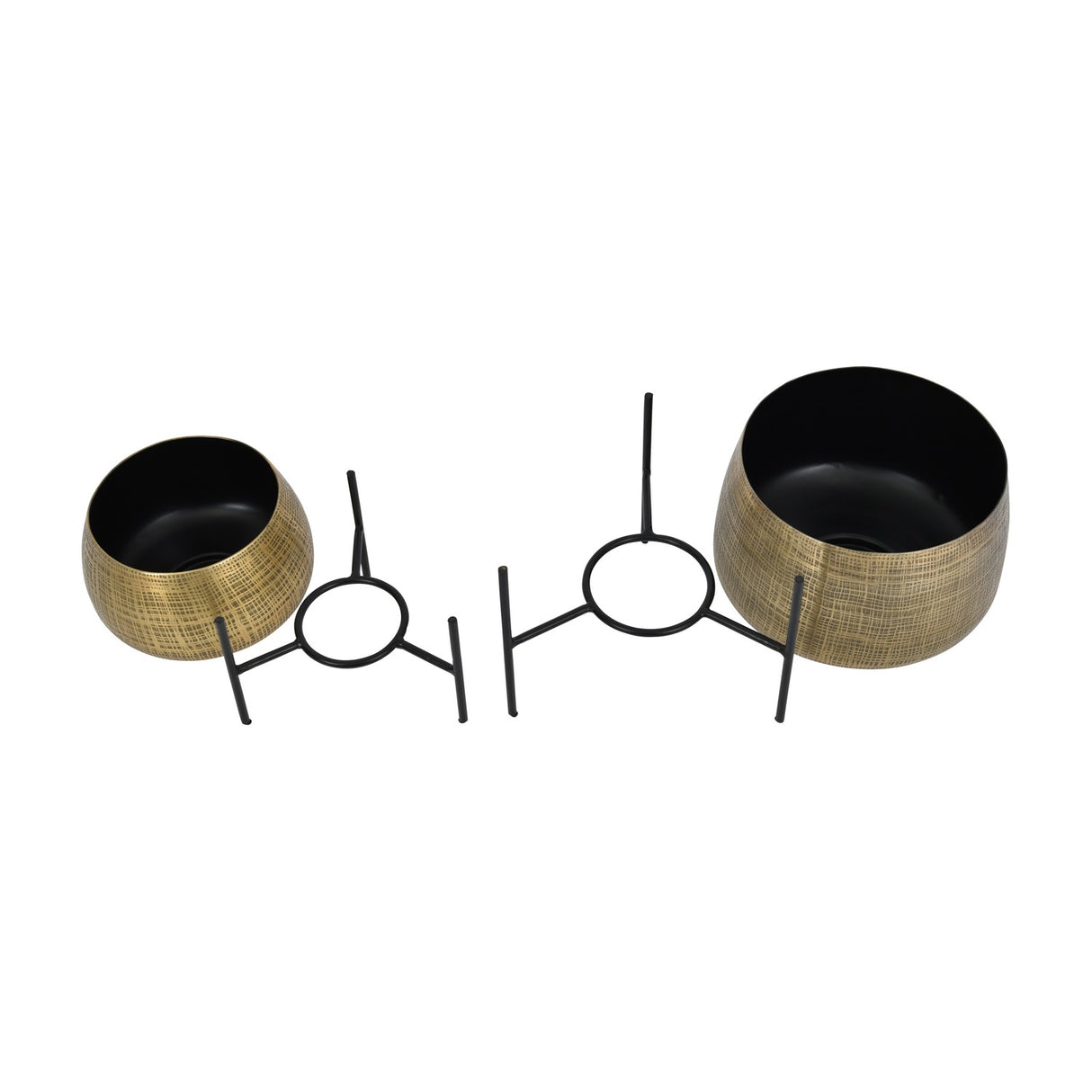 Libra Interiors Etched Brass Set of 2 Standing Planters shown disassembled, with two round brass-finish iron pots beside their black metal tripod leg frames.