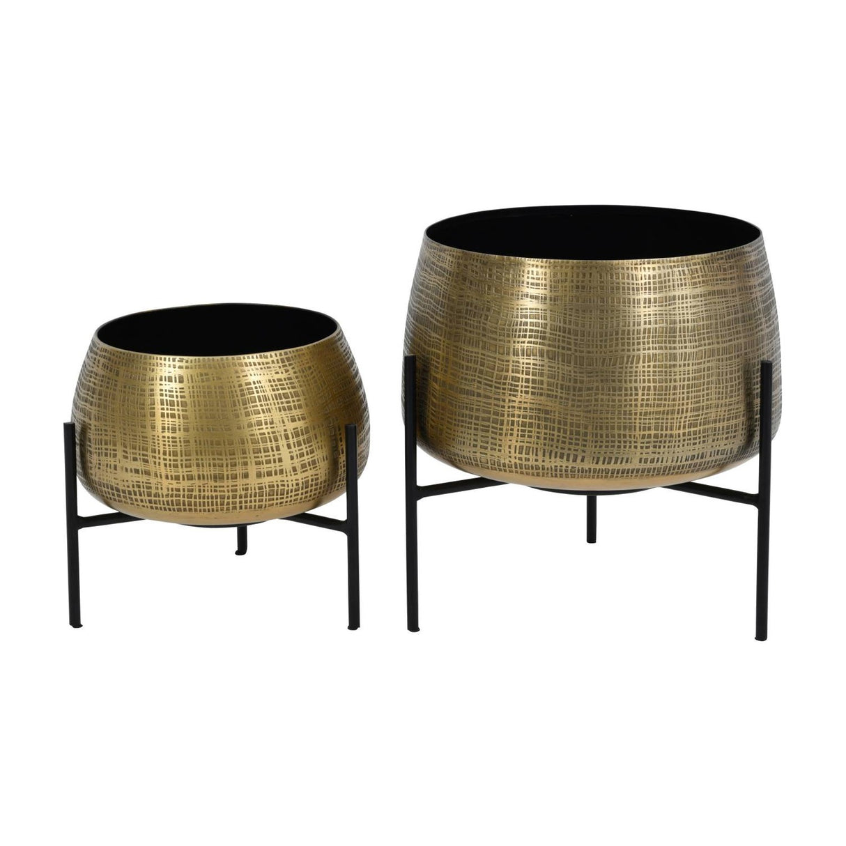 Libra Interiors Etched Brass Set of 2 Standing Planters in brass finish with cross-hatched texture, raised on slim black metal legs, on a white background.