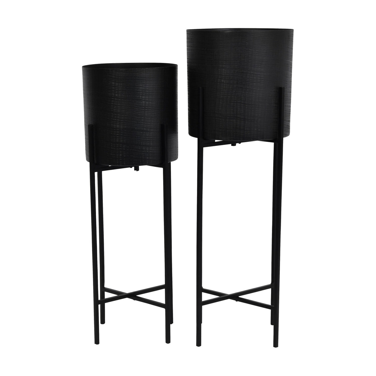 Libra Interiors Etched Iron Set of 2 Floor Standing Planters in matt black, cylindrical pots with cross hatch texture on slim four leg stands.