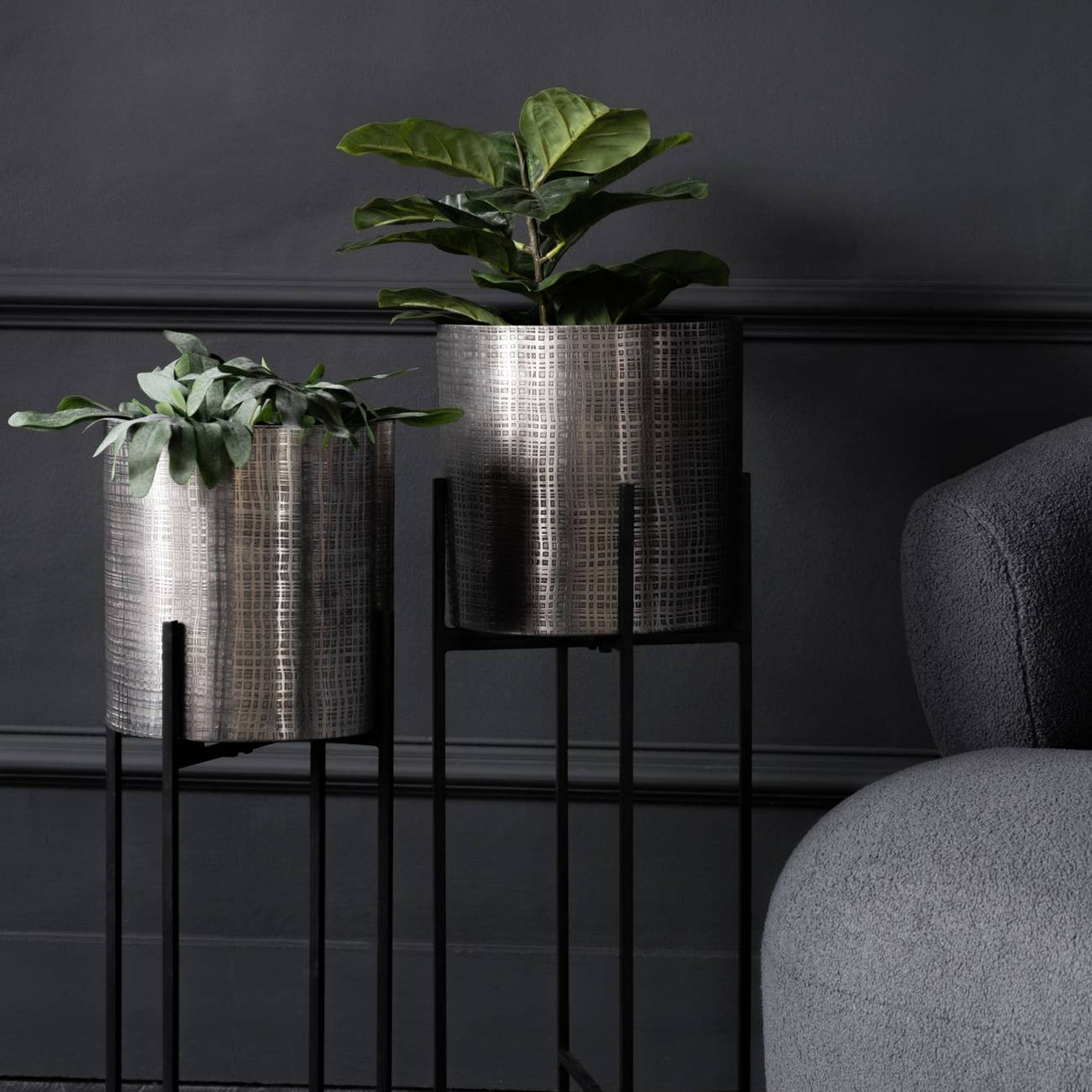 Etched Iron Floor Standing Planter – Nickel