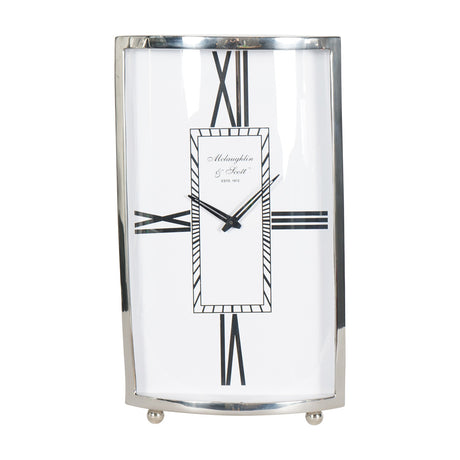 Libra Interiors Nickel Bow-Fronted Large Mantel Clock with curved glass front, white dial, black Roman numerals and ball feet on a white background.