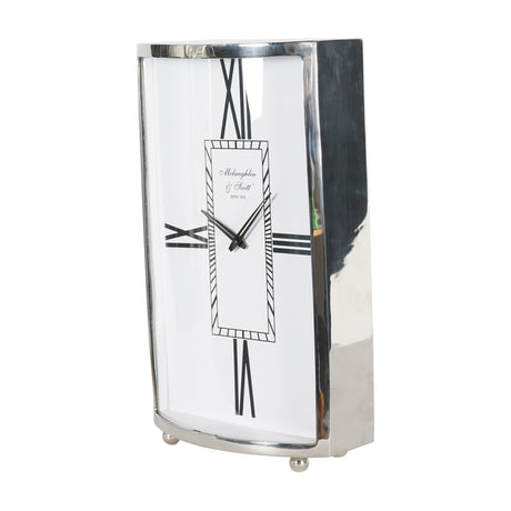 Libra Interiors Nickel Bow-Fronted Large Mantel Clock with curved glass, white dial, black Roman numerals and ball feet, shown on a white background.