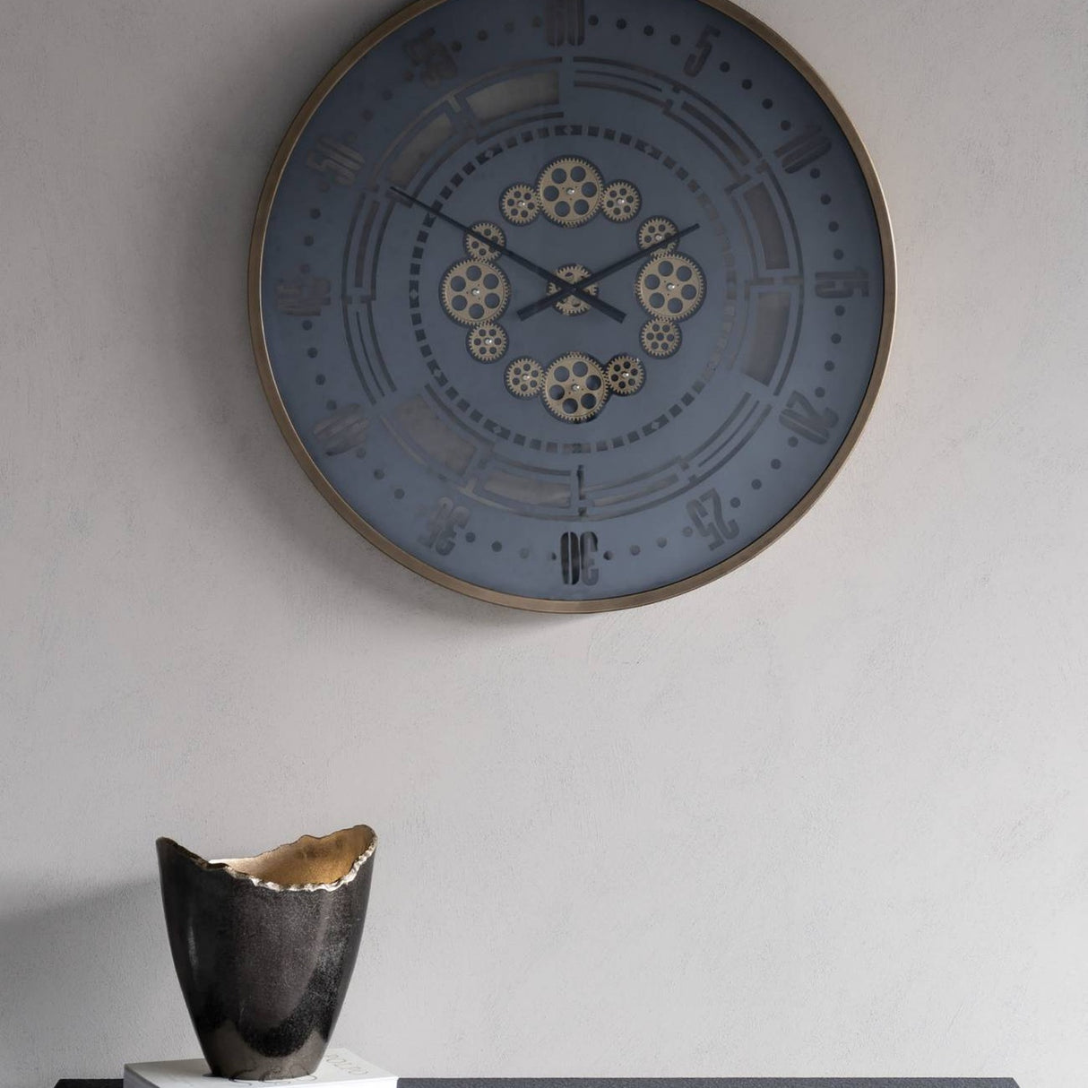 Round Moving Gears Industrial Wall Clock – Gold and Grey