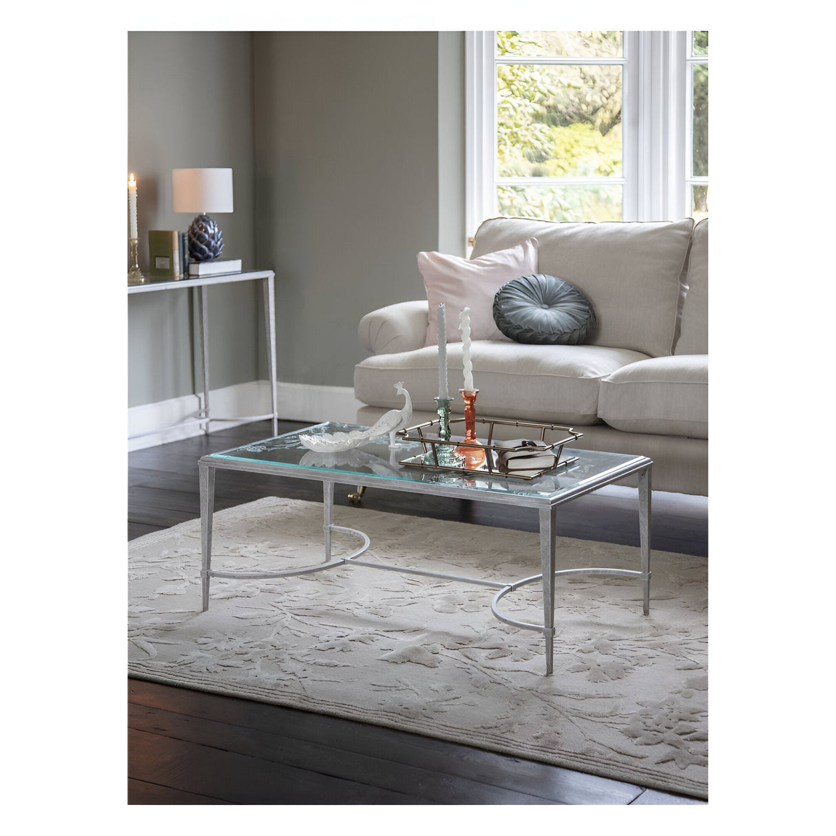 Laura Ashley Aria Etched Glass & Iron Coffee Table - Distressed White