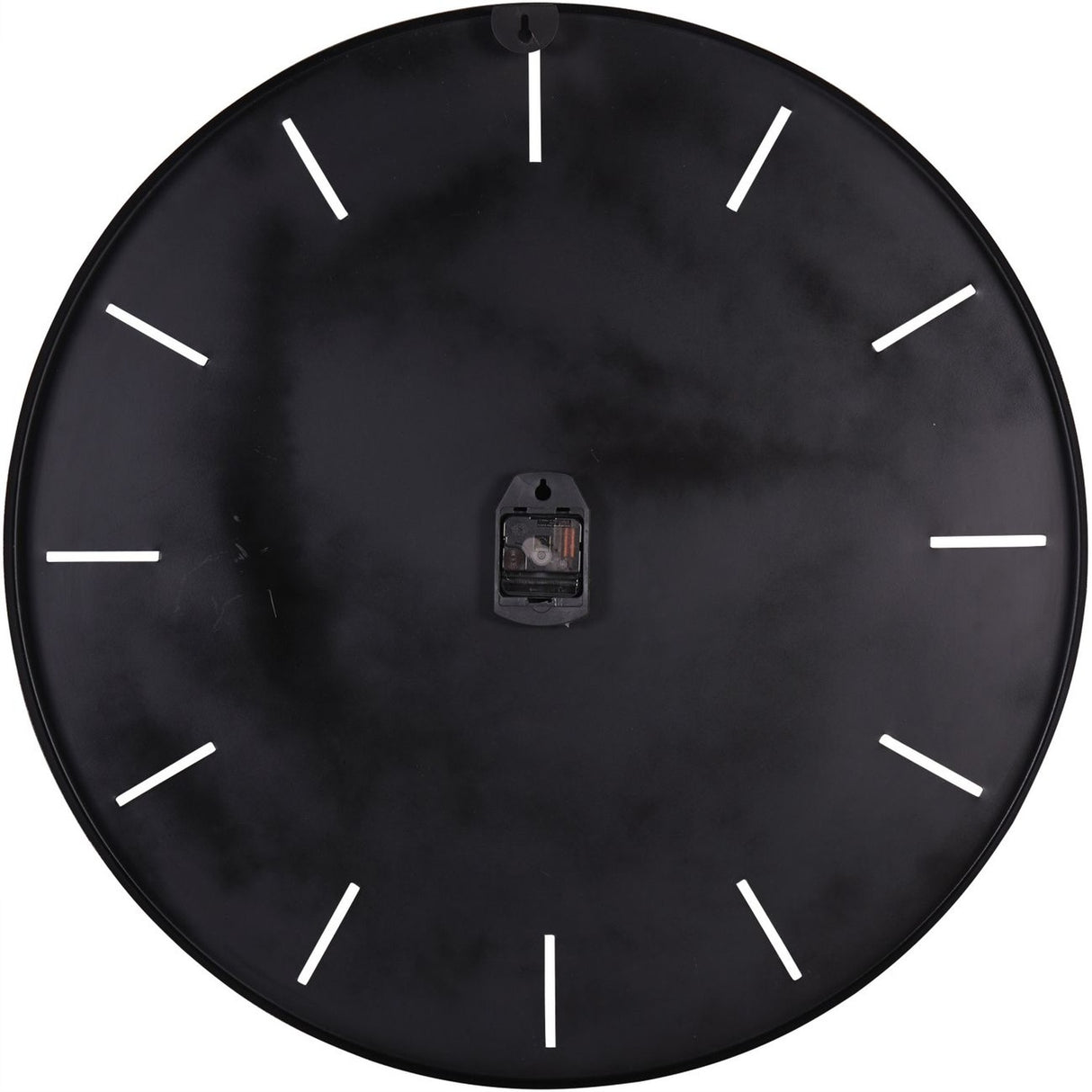 Rear view of Libra Interiors Brushed Gold Iron Round Wall Clock with matte black backing, keyhole hanger, central battery movement, and cut-out hour markers.