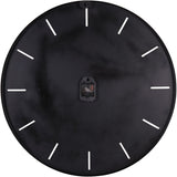 Rear view of Libra Interiors Brushed Gold Iron Round Wall Clock with matte black backing, keyhole hanger, central battery movement, and cut-out hour markers.