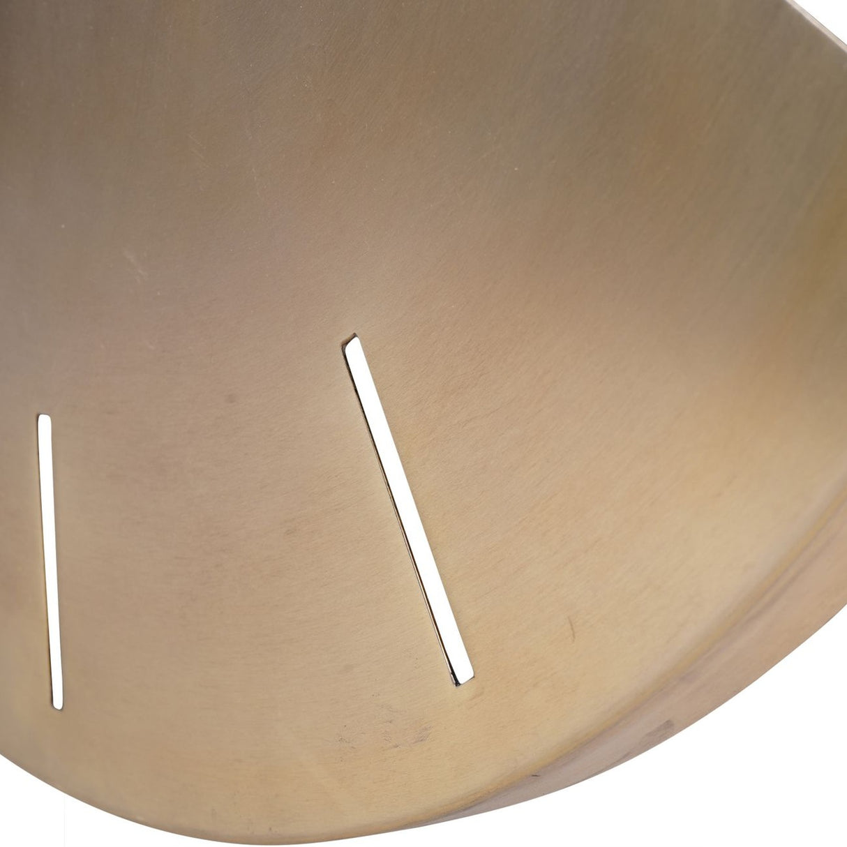 Close-up of Libra Interiors Brushed Gold Iron Round Wall Clock showing two slim raised hour markers on the warm brushed gold metal dial.