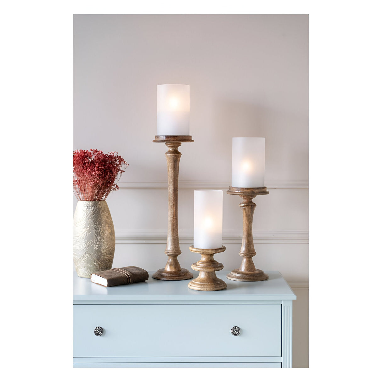 Laura Ashley Large Wooden Pedestal Hurricane With Frosted Glass - Brown