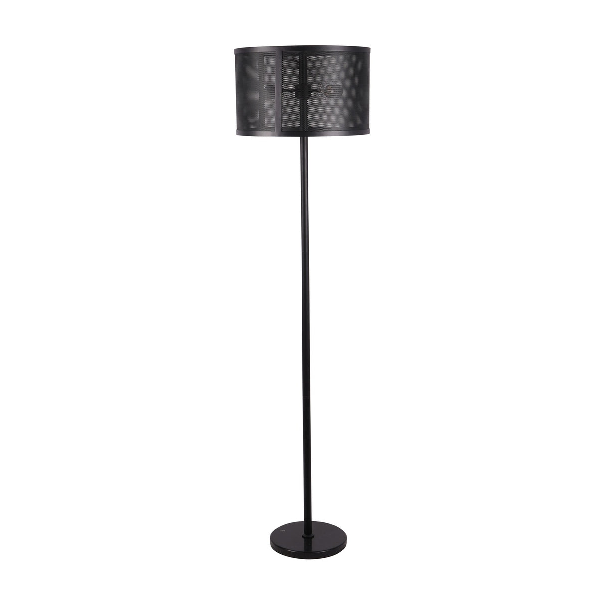 Libra Interiors Mesh Shade Iron Floor Lamp in black, featuring a perforated drum shade on a slim stem and round base, shown on a plain background.