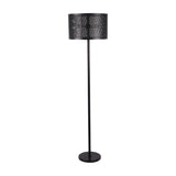 Libra Interiors Mesh Shade Iron Floor Lamp in black, featuring a perforated drum shade on a slim stem and round base, shown on a plain background.