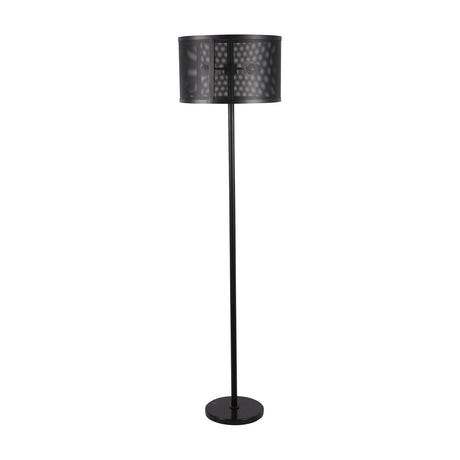 Libra Interiors Mesh Shade Iron Floor Lamp in black, featuring a perforated drum shade on a slim stem and round base, shown on a plain background.
